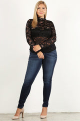 Plus Size Lace Long Sleeve Top With Fitted Bodice, Sheer, And Mock Neckline