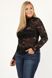 Plus Size Lace Long Sleeve Top With Fitted Bodice, Sheer, And Mock Neckline