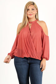 Plus Size Solid Wrap Top With A Mock Neckline, Cutouts, And Puff Sleeves