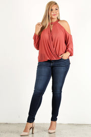 Plus Size Solid Wrap Top With A Mock Neckline, Cutouts, And Puff Sleeves