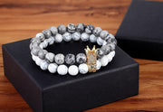 Gray Natural Stone & White Howlite Elasticity Rope Strand Beads Bracelets For Unisex Jewelry Gift
