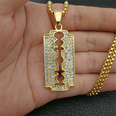 Blade Pendant Necklaces For Men Gold Color Stainless Steel Razor Necklaces Male Iced Out  Bling Rhinestones Jewelry