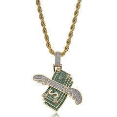 New Iced Out Flying Cash Solid Pendant Necklace Mens Personalized Hip Hop Gold Silver Color Charm Chains Jewelry Gifts