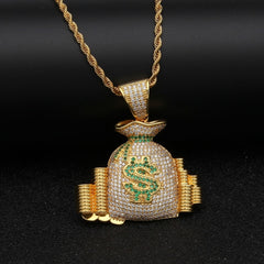Money Bag &Coin Stack Pendant Necklace With Colorful Bling Stones Luxury charm Jewelry